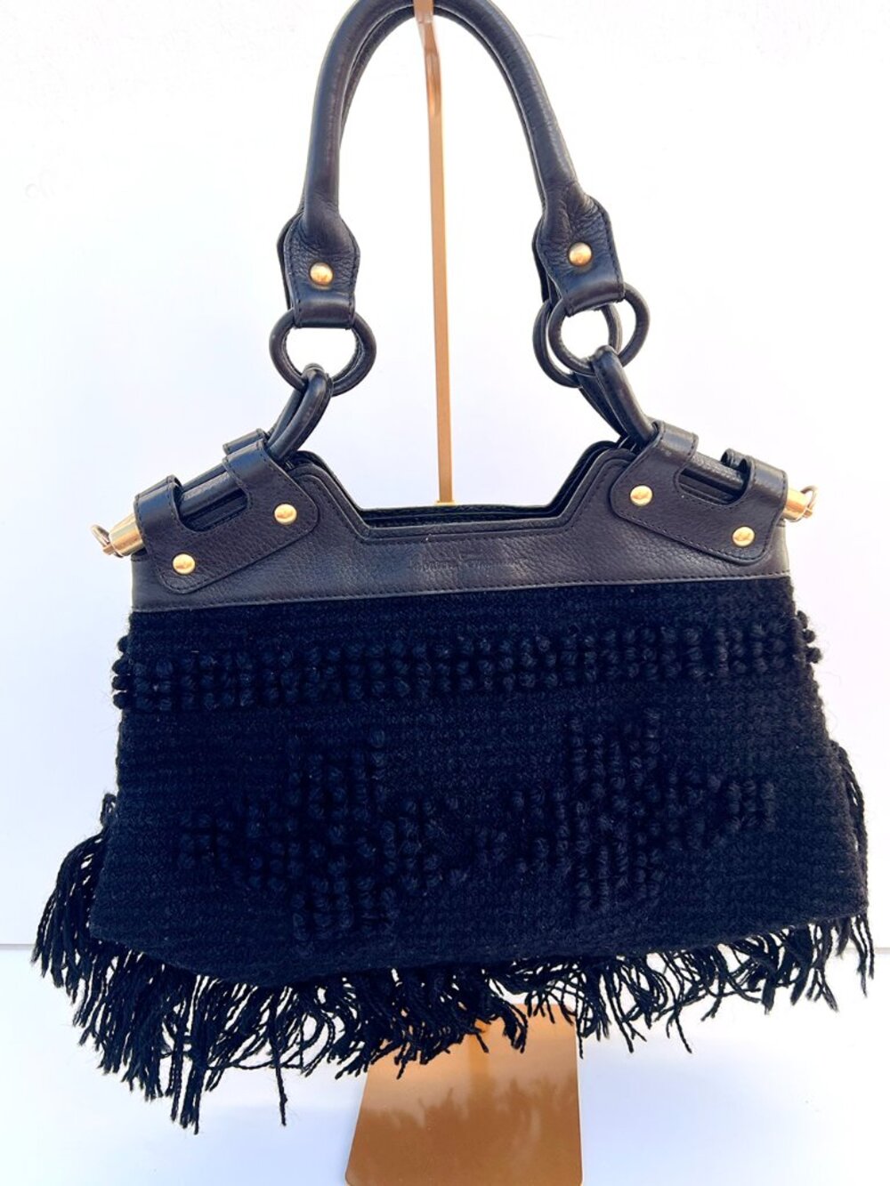 FERRAGAMO Black Fringe Knit Leather Hobo Bag Y2K
